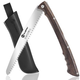 Folding Pruning Saw 10 Inch with Leather Sheath and Wenge Wooden Handle, SK5 Steel Blade, Foldable Hand Saw for Camping, Survival, Wood Cutting, Bushcraft and Tree Trimming