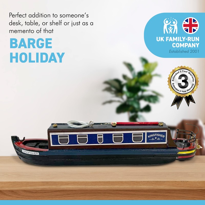 Detailed 20 cm Long Wooden Kingfisher Model Canal NARROWBOAT Barge