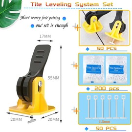 FACITE 50pcs Tile Leveling System Reusable+200pcs Cross Tile Spacers 1/8"+50pcs Replaceable Spare Steel T-Pin 1/16 Ceramic Tile Tools Plastic Shims Floor Installation Leveler Kit Adjustable Universal