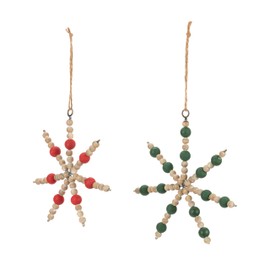 DEMDACO Here Comes Santa Claus Red, Green, Natural Brown Lg. 8.5" Sm. 7" Festive Holiday Décor, Homespun, Decoration Christmas Tree Hanging Ornament, Set of 2, Wooden Bead Snowflake