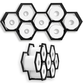 Beeveer Honeycomb Toilet Paper Holder, Hold 7 Rolls Modern Floating Honeycomb Toilet Paper Holder Stand Modern Wooden Toilet Paper Storage Shelves for Toilet Tissue Honeycomb (Black)