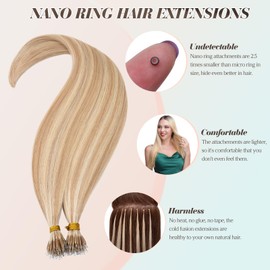Benehair Nano Tip Hair Extensions Real Human Hair Invisible #18/613 Ash Blonde Mix Bleach Blonde Nano Ring Extensions Straight Soft 50 Strands