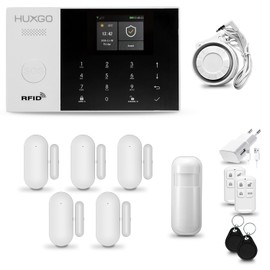 HUXGO® HXA005 Wireless Alarm System Set WiFi + GSM with Siren, Alarm System with Motion Sensor, 5 x Door Window Sensors, Remote Control, Motorhome Alarm System, Smart Home