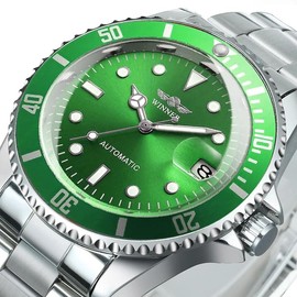 MASTOP Men Automatic Mechanical Watches Full Steel Waterproof Mens Watches with Calendar (Silver Green)