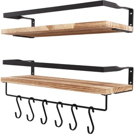 Floating Shelves, Wall Shelf Outdoor, 42x15x8 cm, Shelving Unit for Wall, Towel Holder 6 Hooks, Kitchen Spice Rack, Storage Organiser Shelf for Bedroom, Bathroom, Living Room, Office