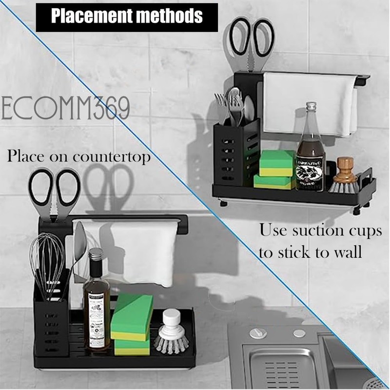 ECOMM369 Modern Minimalist Black Stainless Steel Kitchen Sink Caddy Organiser,