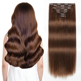 Sisily Clip in Hair Extensions Real Human Hair, 24 inch 180g, Chocolate Brown, 100% Brazilian Remy Human Hair Clip in Extensions Soft Straight 7pcs Per Set with 16 Clips Double Weft