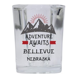 Bellevue Nebraska Souvenir 2 Ounce Square Base Liquor Shot Glass Adventure Awaits Design