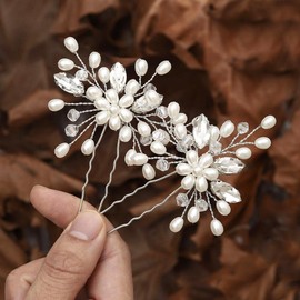 Heread Pearl Bride Wedding Hair Pins Silver Crystal Bridal Hair Pieces Rhinestones Head Piece Hair Accessories for Women and Girls (Pack of 2)
