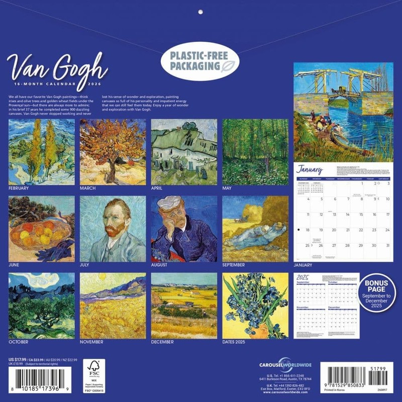 Carousel Calendars, Van Gogh 2026 Wall Calendar, 12'' X 12'',