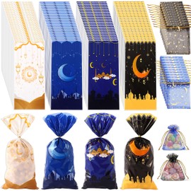Eid Mubarak Gift Bags, 100 Pcs Ramadan Gift Bags and 20 Pcs Moon Organza Bags, Ramadan Eid Goodie Bags with Twist Ties Muslim Castle Moon Star Lights Candy Cookie Treat Bags for Eid Party