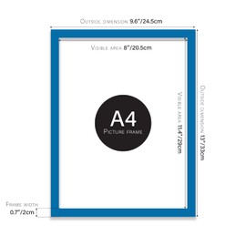 Almost Frameless A4 Blue Picture Frame Set of 3, Display A4 Picture Gallery Wall, Poster, Photo, Artwork, or Print, Blue