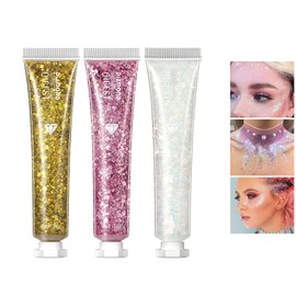 Glitter Gel Body Glitter Gel Mermaid Sequins Face and Body Glitter Gel Festival Glitter Eyeshadow for Festival Masquerade Birthday Makeup Glitter Sequins (3 Colours)