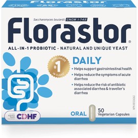 Florastor - Saccharomyces Boulardii CNCM I-745 - Daily All in One Probiotic - Supports Gut Health & Immune System - Antibiotic-associated diarrhea - Traveler's diarrhea - For Adults & Family - 50 caps