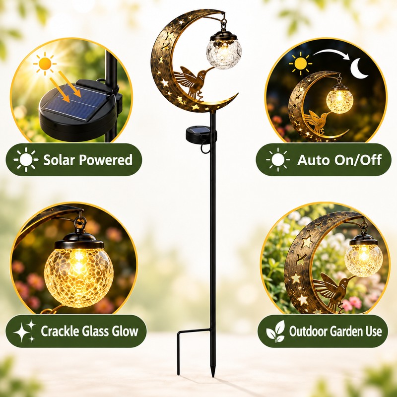 Solar Hummingbird Moon Garden Light – Crackle Glass LED Stake,