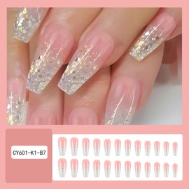 Generic Pink White Gradient Coffin False Nails, 24 Pcs, ABS Material, Press-On, Full Cover, Multicolor, Modern, Gradient, Glitter, Ombre