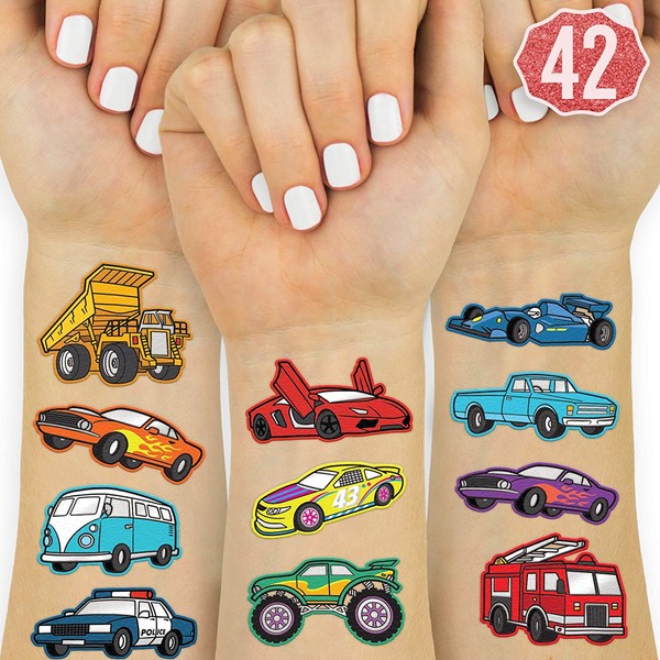 xo, Fetti Cars and Trucks Temporary Tattoos for Kids - 42 Glitter style | Birthday Party Supplies, Race Car Party Favors + Construction Decor