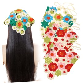 Baluue 3pcs Knitted Hair Scarves Crochet Flower Bandanas for Women Girls Soft Breathable Turban Scarves Comfortable Towel Accessories Bohemian Style and Flower Pattern