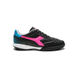 Diadora Calcetto LT Turf Soccer Shoes - Full Grain Leather, Enhanced Cushioning, Anti-Wear Rubber, Synthetic Turf, Optimal Traction and Stability, Black/Pink/Cyan Blue, 10 UK