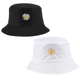 SUNTRADE Unisex Bucket Hat Double Sided Embroidered Summer Travel Beach Sun Visor Outdoor Packable Cap, white/black