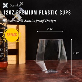 Dannke 32 Diamond Wine Glasses Plastic Disposable, Stemless Plastic Wine Glasses Disposable Wine Glasses For Parties, Plastic Stemless Wine Glass,Plastic Wine Cups,Clear Plastic Wine Glasses Stemless