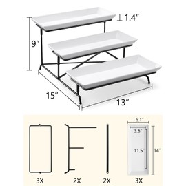 Yedio 3 Tier Serving Tray Set 14 Inch Porcelain Tiered Serving Trays Platters, Collapsible Sturdier Stand with Stable Cross Bars, Three Layer Serving for Party Entertaining Food Display Fruit Dessert