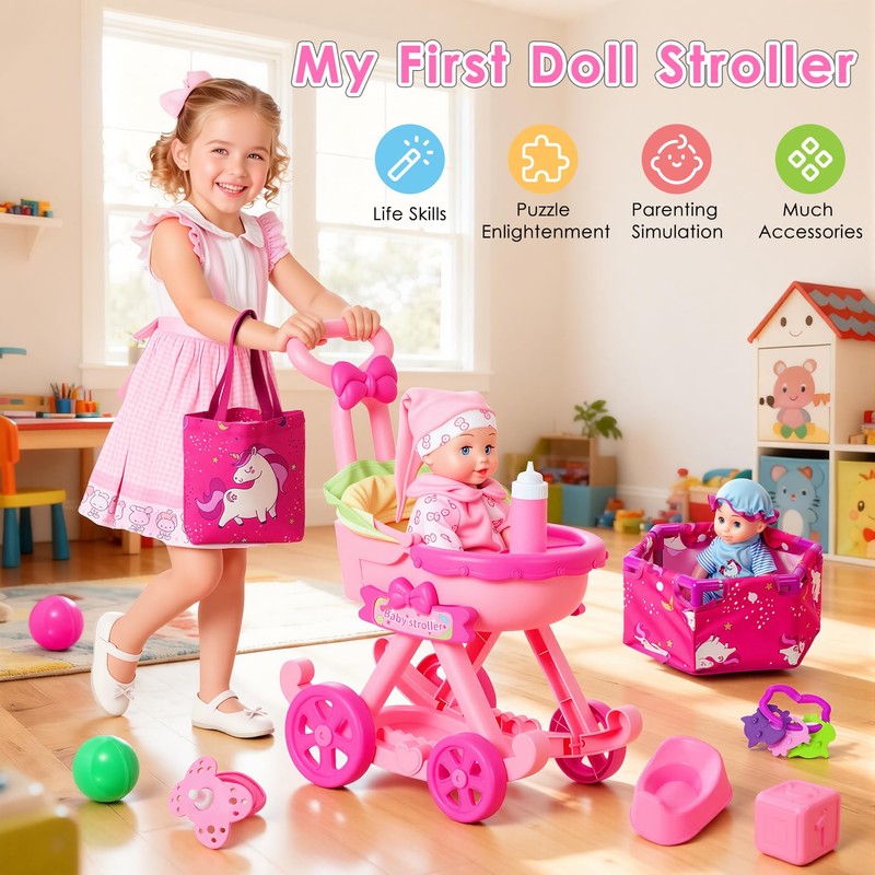Baby Doll Stroller Toys Set,17 PCS Pretend Play for Girls