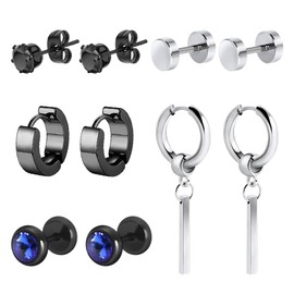 5 Pairs Earrings for Men Black Silver Women Black Earrings Earrings Men Earrings Earrings for Both Ears, Stainless Steel, Zircon