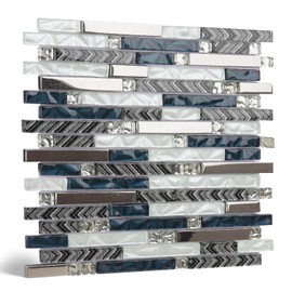 5-Sheet Glass Backsplash Tiles, 5 Square Feet Glass Mosaic Backsplash Subway Metal Tile for Kitchen Wall Bathroom