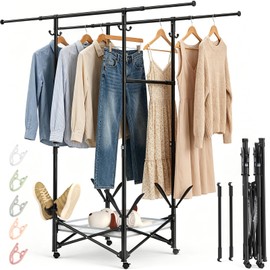 Portable Foldable Clothes Drying Rack - Adjustable Double Extendable Rods (33.1” to 56.7”) -Portable Coat Rack for Travel, Camping, Drying, RV, Indoor, Outdoor, Easy Assemble (Black)
