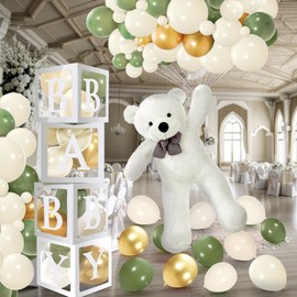 Silipull 133 Pcs Baby Shower Decorations Set with Cute Giant Plush Bear Clear Baby Shower Block Boxes Various Colored Balloons, Ribbon, and Hooks for Gender Neutral Boy Girl Birthday Party (White)