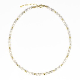 ZEN LIFE® Real Freshwater Pearl Necklace, 925 Silver, 18 Carat Gold-Plated, Pearl Necklace, 4 x 6 mm, Women's Necklace, 39.5 cm + 5 cm, Choker Brand Quality Berlin, Sterling Silver