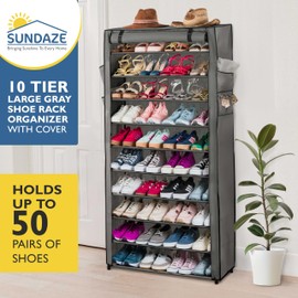 Sundaze Shoe Rack with Cover - 10 Tier Shoe Rack for Front Door Entrance, Sturdy Tall Shoe Organizer for Bedroom, Closet, Garage, Non Woven Fabric Shelf, Grey, Holds Up to 50 Pairs