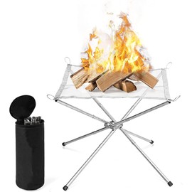 22“ Large Portable Outdoor Camping Fire Pit Outdoor Fireplace with Carrying Bag Foldable Stainless Steel Mesh and Folding Stands for Camping Backyard Garden (22*22 inch whole set, Silver)