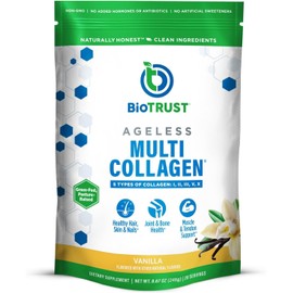BioTrust Péptidos multicolágenos Ageless en polvo  5 tipos (I, II, III, V, X)  Colágeno en polvo de vainilla para mujeres y hombres  Proteína...      