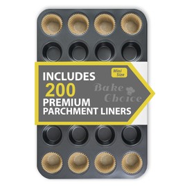Bake Choice Mini Muffin Pan includes 200 Natural Cupcake Liners, Mini Cupcake Pans Nonstick 24 Cup, Muffin Tin, Carbon Steel Baking Supplies