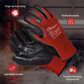 SAFEYEAR 12 Pairs PU Coated Work Gloves for Cleaning, Automotive Assembly, Precision Operation and More (XL (10)-12 Pairs, Red)