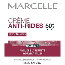 Marcelle Crema antiarrugas 50+, crema hidratante de ceramida reafirmante para piel madura, 1.7 onzas líquidas. Hidratación 24 horas, hidratante de día y noche con ceramidas, sin fragancia, hipoalergénica, piel sensible