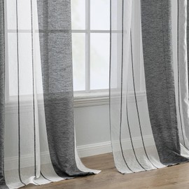 MIULEE Striped Transparent Curtains with Eyelets, Voile Curtains Living Room Modern Set of 2 Bedroom Curtains Transparent with Grey White Striped Pattern, Semi-Transparent Stripes 140 x 235 cm