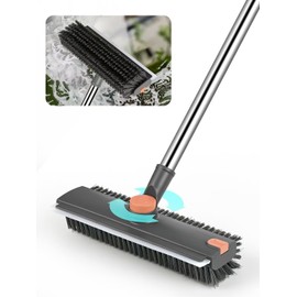 AUFXKOO Floor Scrub Brush with Long Handle,3 in 1 Multi-Angle Heavy Duty Stiff Bristle Scrubber with Squeegee and Tweezer,Shower Brush for Cleaning Shower Bathroom,Patio,Garage, Kitchen,Deck and Wall