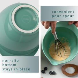 LEHAHA Mixing Bowls with Pour Spout, set of 3, Non-Slip, Nesting and Saving Space Design, Versatile Melamine Bowl with large handle for Prepping, Baking, Cooking, Kitchen Cooking and Baking. Green