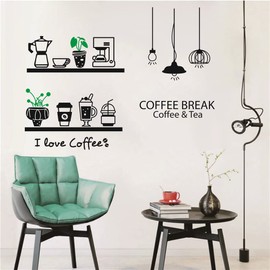 UILMNIY Cafe Logo Coffee Shop Wall Decal Art Removable Coffee Cup Bean Accessories Coffee Tea Break Quote Wall Window Decoration Stickers Vinyl Glass Sticker AFN27 (Black)