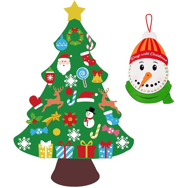 jollylife 3ft DIY Felt Christmas Tree Set Plus Snowman Advent Calendar - Xmas Decorations Wall Hanging 33 Ornaments Kids Gifts Party Supplies