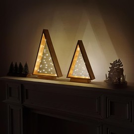 Leejec Christmas Decorations, Wooden Christmas Tree with Lights, Modern Farmhouse Tabletop Christmas Décor for Table Fireplace Mantle Shelf, Set of 2 (14.3" and 10.7" Tall)