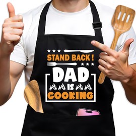 GOSJINNK Funny Aprons Gifts for Men, Stand Back Dad is Cooking Black Chef Apron, Adjustable Kitchen Cooking Apron with Pockets, Father's Day Gifts for Papa Grandpa, Humor Birthday Gifts for Husband