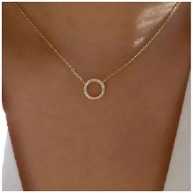 Yheakne Boho Crystal Circle Choker Necklace Gold Open Circle Pendant Necklace Cz Full Rhinestone Karma Necklace Minimalist Geometry Necklace Jewelry for Women and Girls Gifts