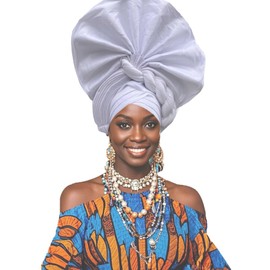 Petaluna Fashion Polyester African Headband - Stretchable Traditional Nigerian Wedding Headpiece, Automatic Gurler Style Fan Headband (White, 22.44in-22.83in Freely adjustable)