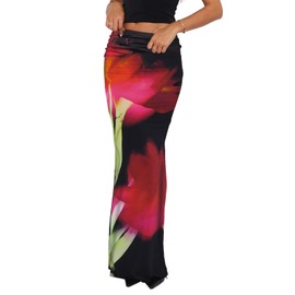 Goafuliy Floral Maxi Skirt - High Waist Foldover Skirt Fishtail Bodycon Long Pencil Skirt for Women 2024 Black Rose XL