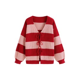 CIDER Cardigan Sweater for Women Tie Front Striped Long Sleeve V Neck Cute Y2k Fall Trendy Outfits Red