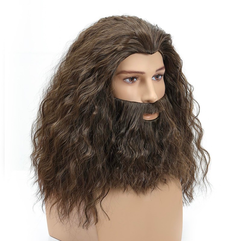 LAXSHZ Mens Long Brown Curly Hair Wig with Beard for